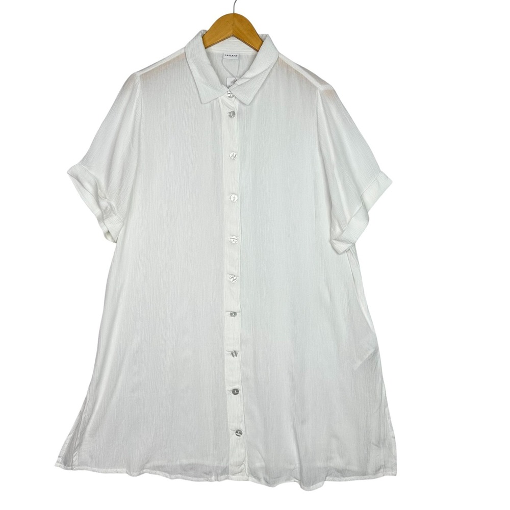Lascana White Gauze Tunic Shirt Dress US 10 Oversized Button Front Viscose NWT